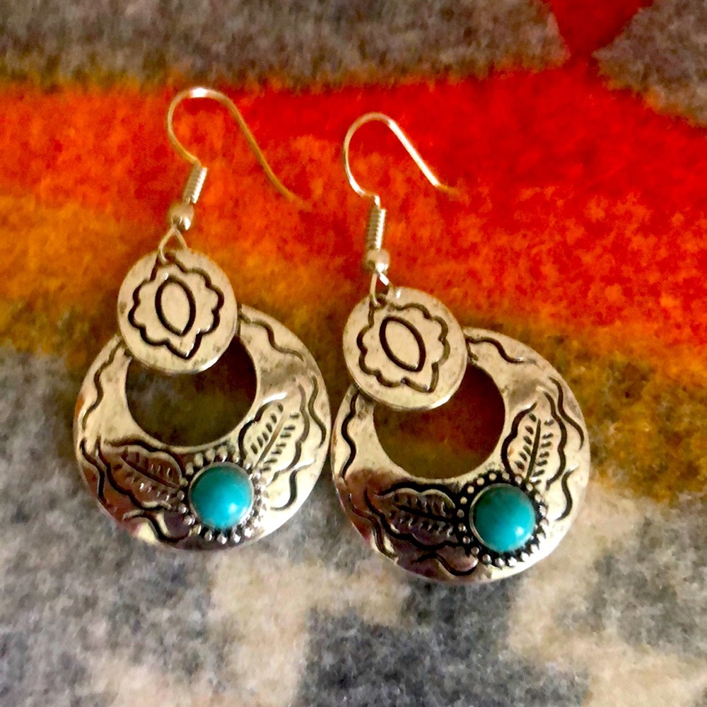 Southwestern Silver Faux Turquoise Bead Earrings